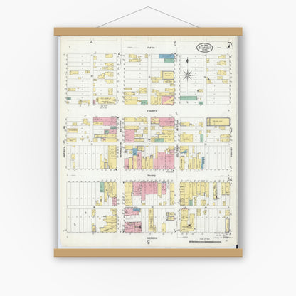 Old map wall art mockup — magnetic wood frame on white wall — Sanborn Fire Insurance Map from Bemidji, Beltrami County, Minnesota (1909), Sheet #0007