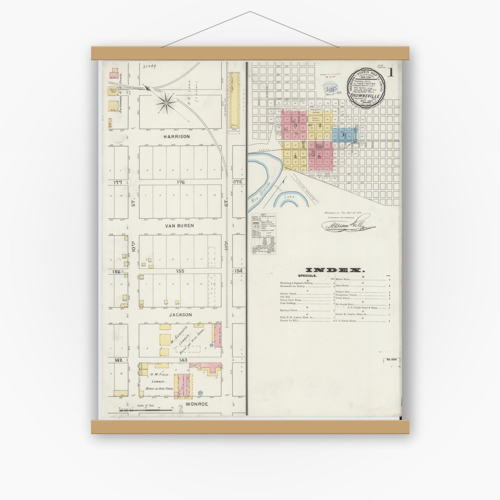 Old map wall art mockup — magnetic wood frame on white wall — Sanborn Fire Insurance Map from Brownsville, Cameron County, Texas (1894) - Complete Map Set