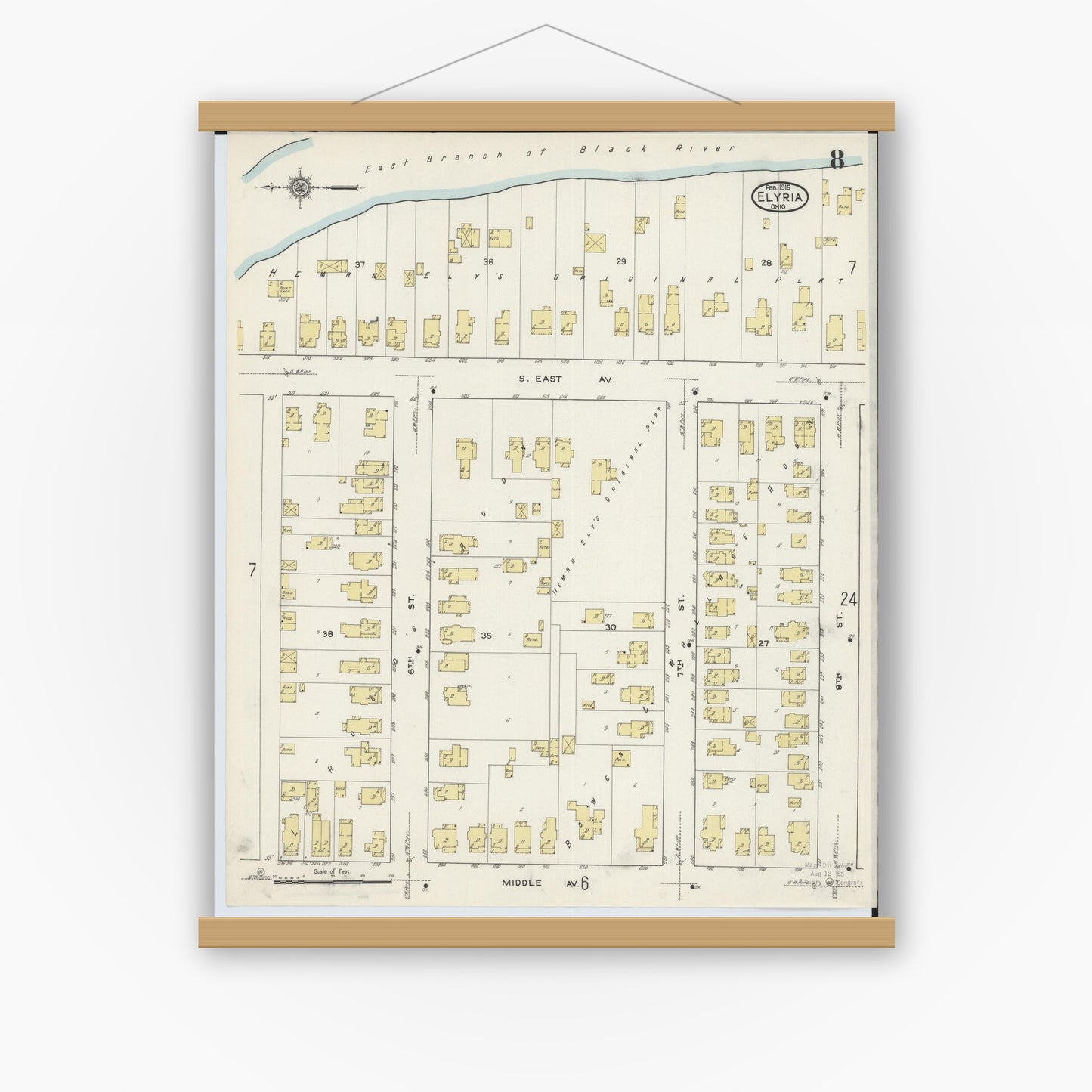 Old map wall art mockup — magnetic wood frame on white wall — Sanborn Fire Insurance Map from Elyria, Lorain County, Ohio (1915), Sheet #0008