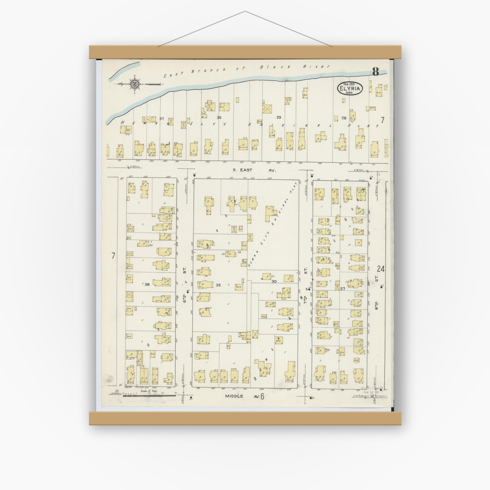 Old map wall art mockup — magnetic wood frame on white wall — Sanborn Fire Insurance Map from Elyria, Lorain County, Ohio (1915), Sheet #0008