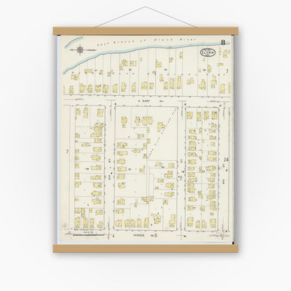 Old map wall art mockup — magnetic wood frame on white wall — Sanborn Fire Insurance Map from Elyria, Lorain County, Ohio (1915), Sheet #0008