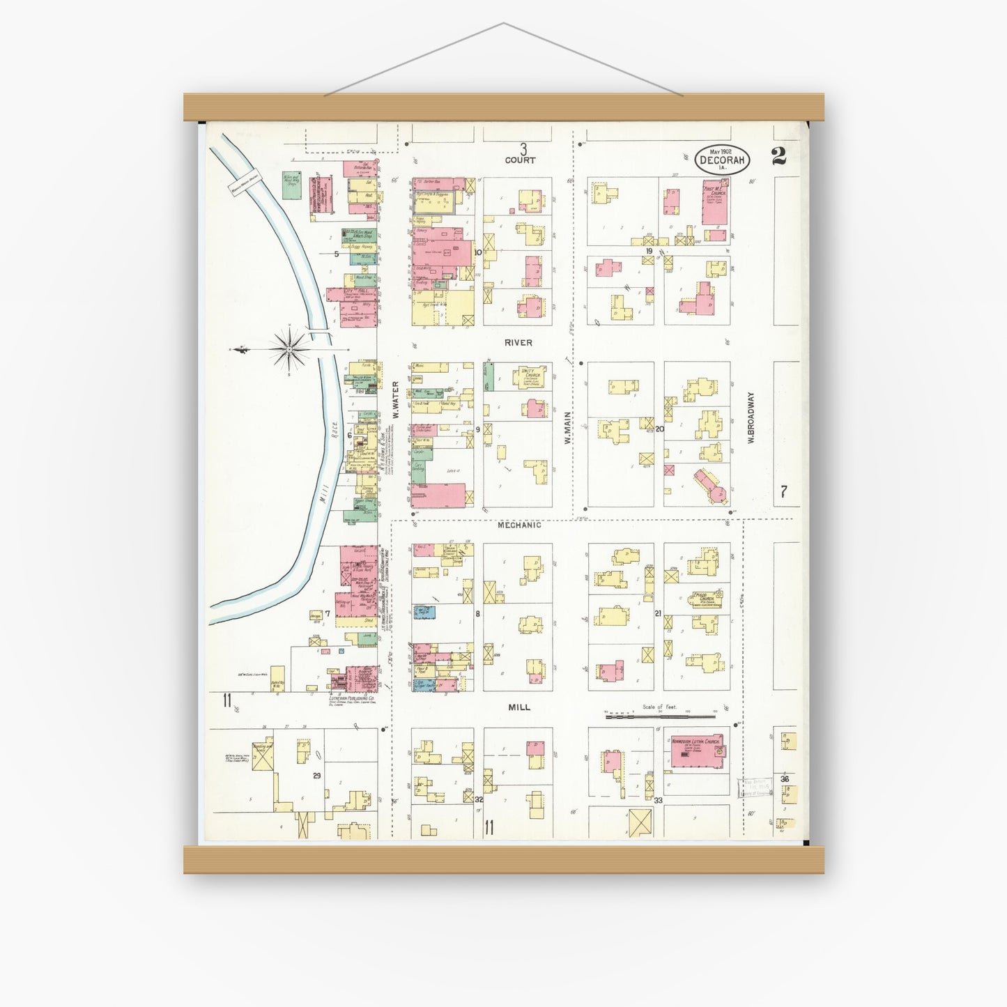 Old map wall art mockup — magnetic wood frame on white wall — Sanborn Fire Insurance Map from Decorah, Winneshiek County, Iowa (1902), Sheet #0002