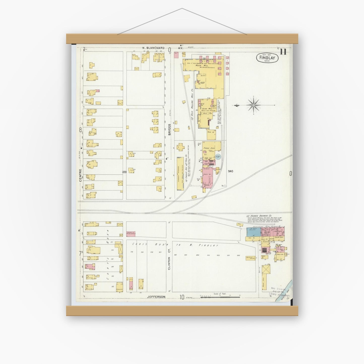 Old map wall art mockup — magnetic wood frame on white wall — Sanborn Fire Insurance Map from Findlay, Hancock County, Ohio (1901), Sheet #0011