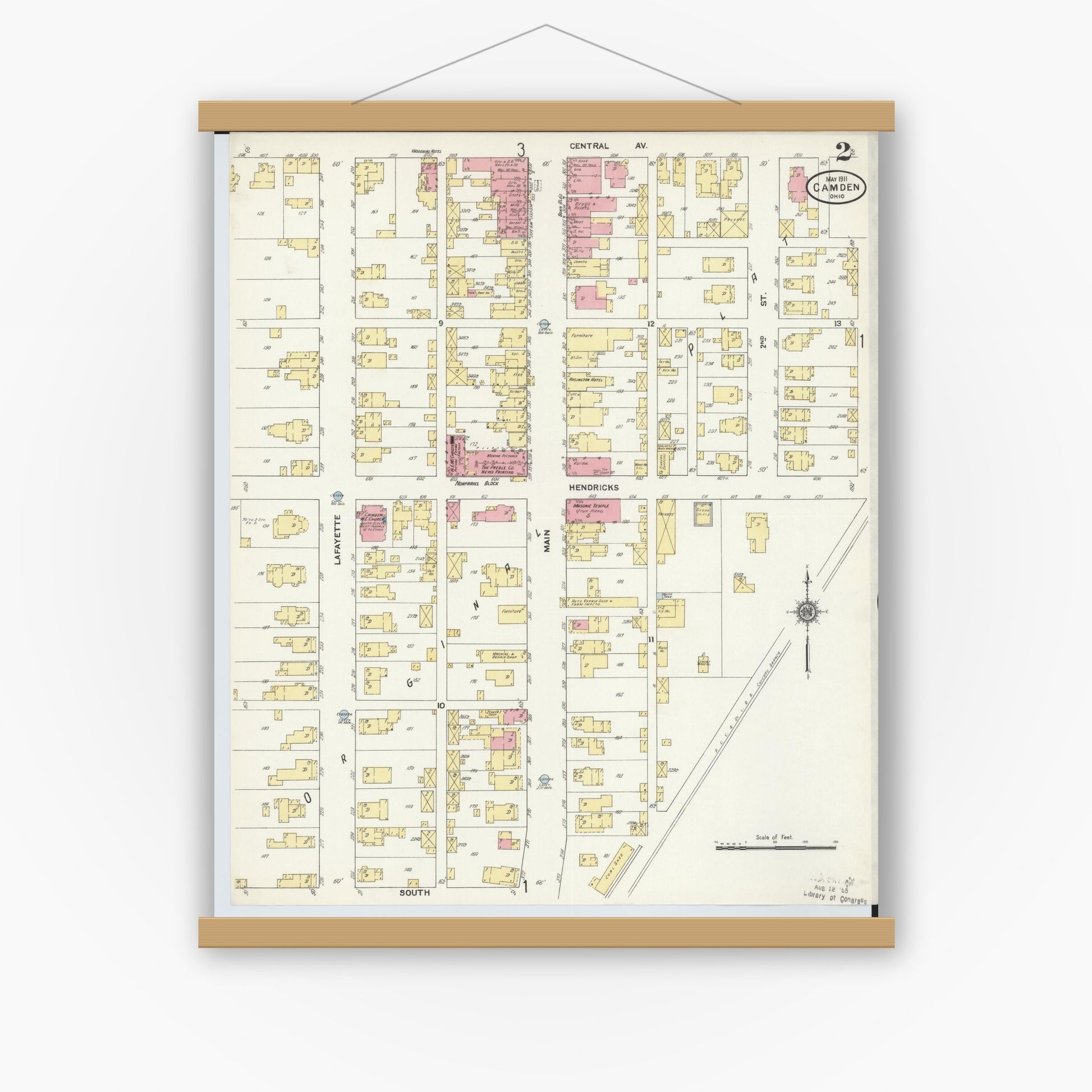 Old map wall art mockup — magnetic wood frame on white wall — Sanborn Fire Insurance Map from Camden, Preble County, Ohio (1911), Sheet #0002