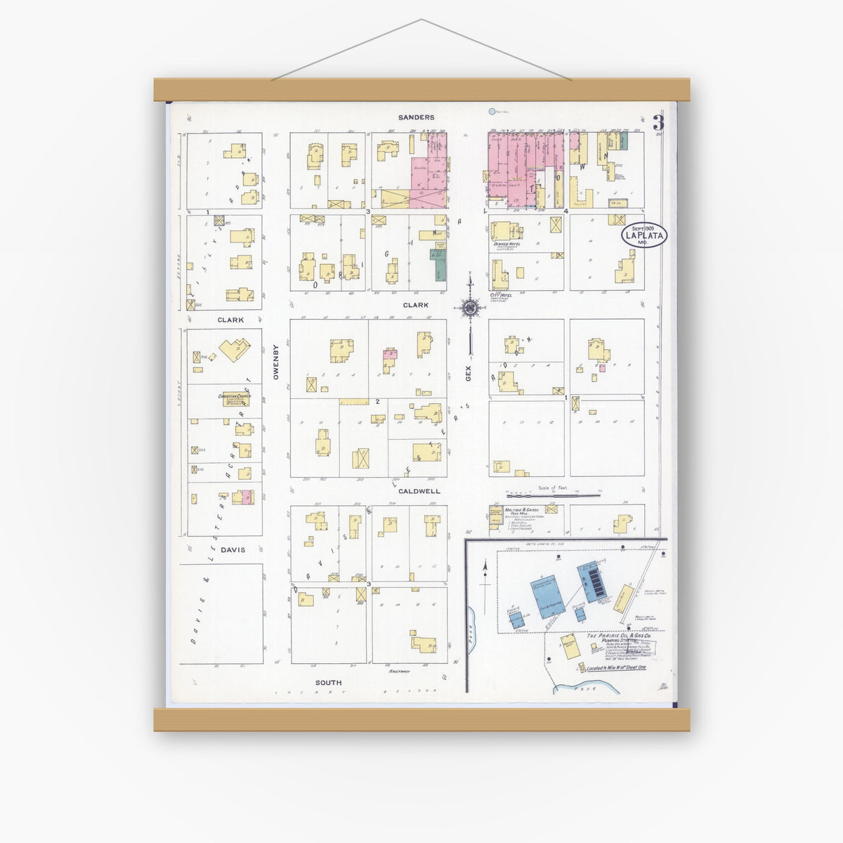 Old map wall art mockup — magnetic wood frame on white wall — Sanborn Fire Insurance Map from La Plata, Macon County, Missouri (1909), Sheet #0003