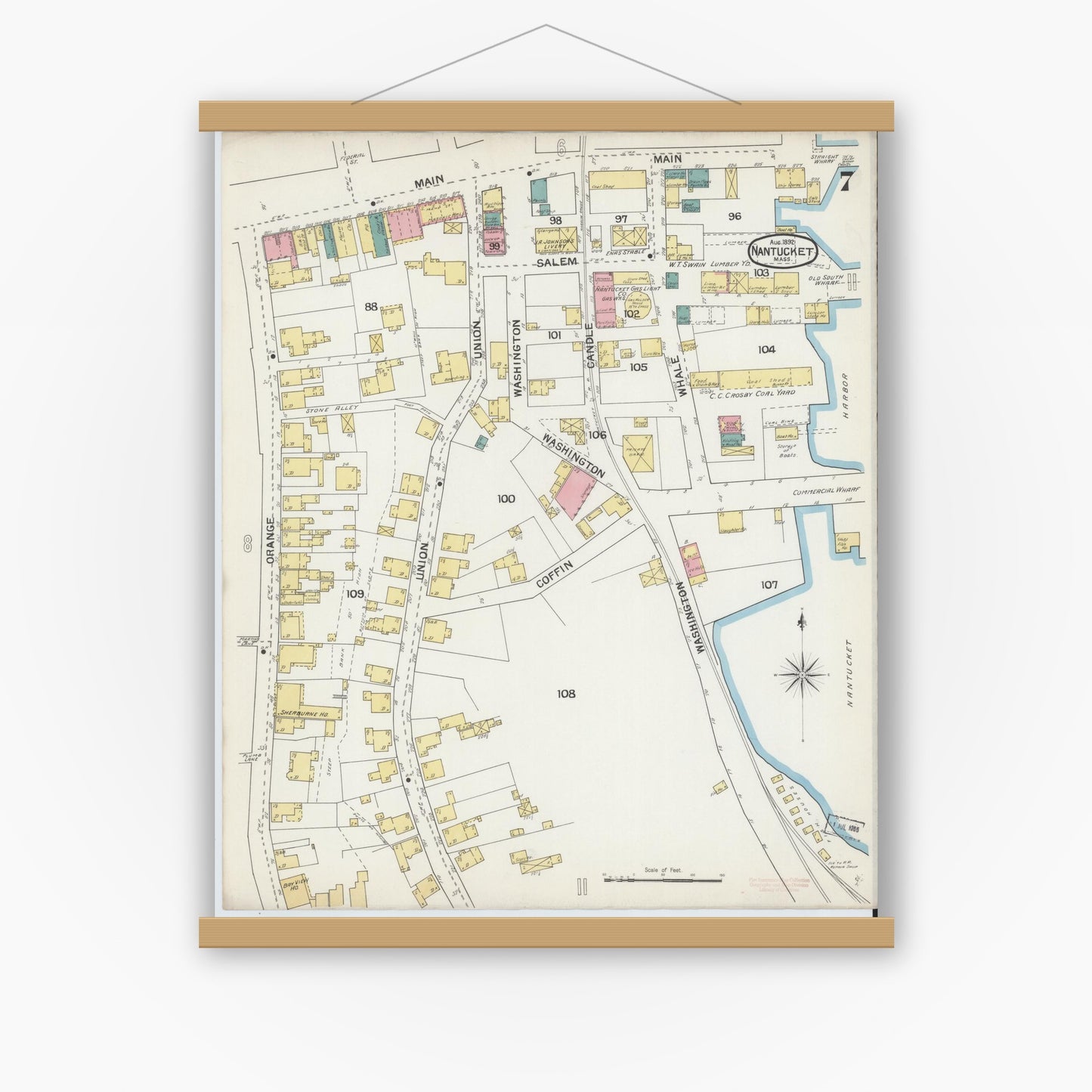 Old map wall art mockup — magnetic wood frame on white wall — Sanborn Fire Insurance Map from Nantucket, Nantucket County, Massachusetts (1892), Sheet #0007