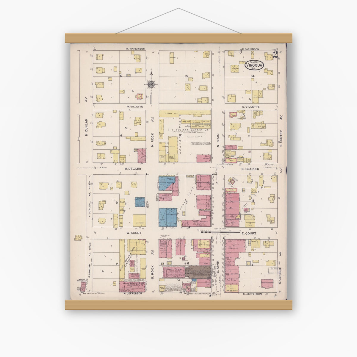 Old map wall art mockup — magnetic wood frame on white wall — Sanborn Fire Insurance Map from Viroqua, Vernon County, Wisconsin (1922), Sheet #0002