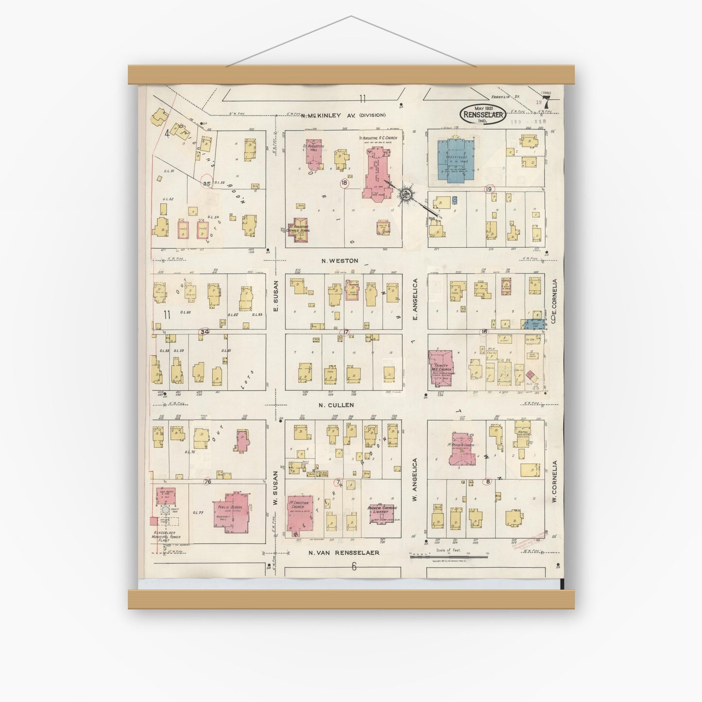 Old map wall art mockup — magnetic wood frame on white wall — Sanborn Fire Insurance Map from Rensselaer, Jasper County, Indiana (1942), Sheet #0007