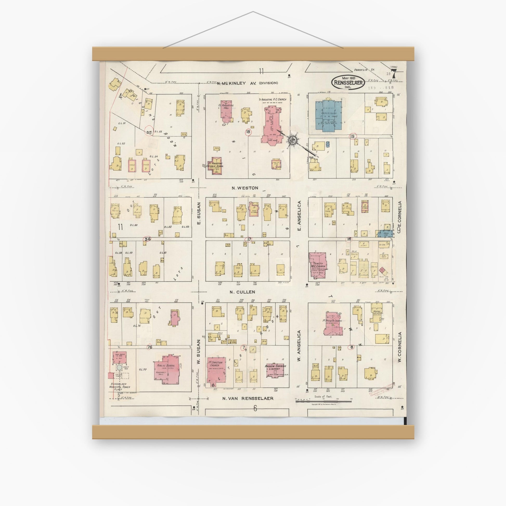 Old map wall art mockup — magnetic wood frame on white wall — Sanborn Fire Insurance Map from Rensselaer, Jasper County, Indiana (1942), Sheet #0007