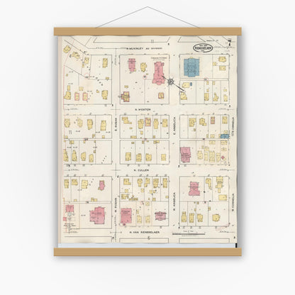 Old map wall art mockup — magnetic wood frame on white wall — Sanborn Fire Insurance Map from Rensselaer, Jasper County, Indiana (1942), Sheet #0007