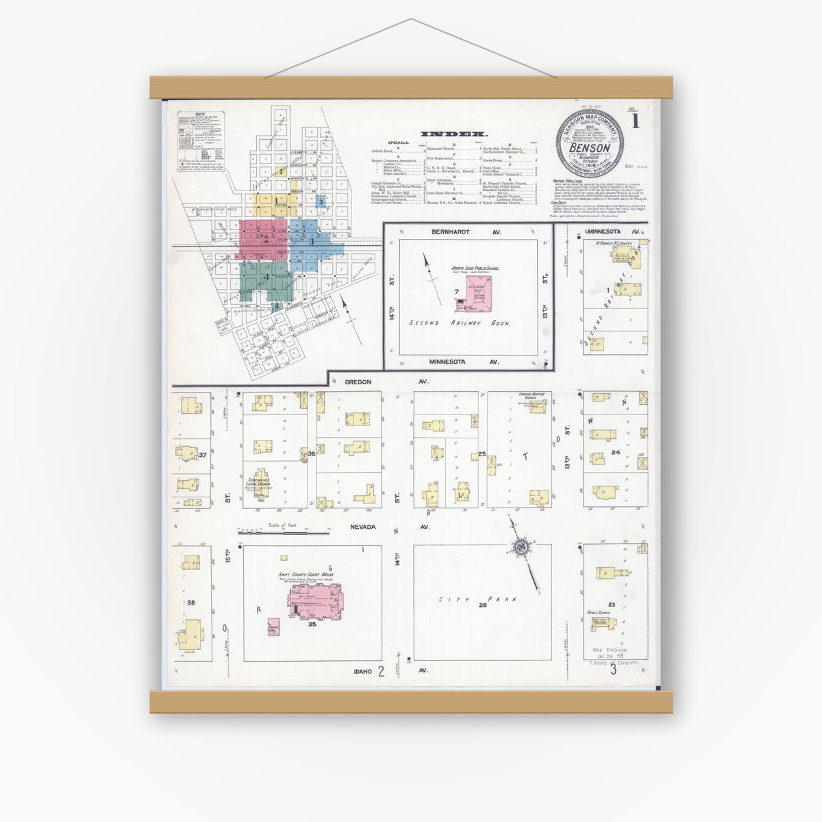 Old map wall art mockup — magnetic wood frame on white wall — Sanborn Fire Insurance Map from Benson, Swift County, Minnesota (1909) - Complete Map Set