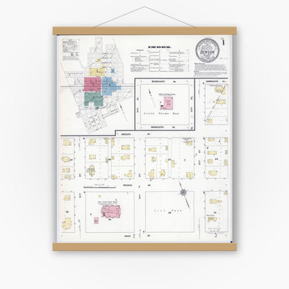 Old map wall art mockup — magnetic wood frame on white wall — Sanborn Fire Insurance Map from Benson, Swift County, Minnesota (1909) - Complete Map Set