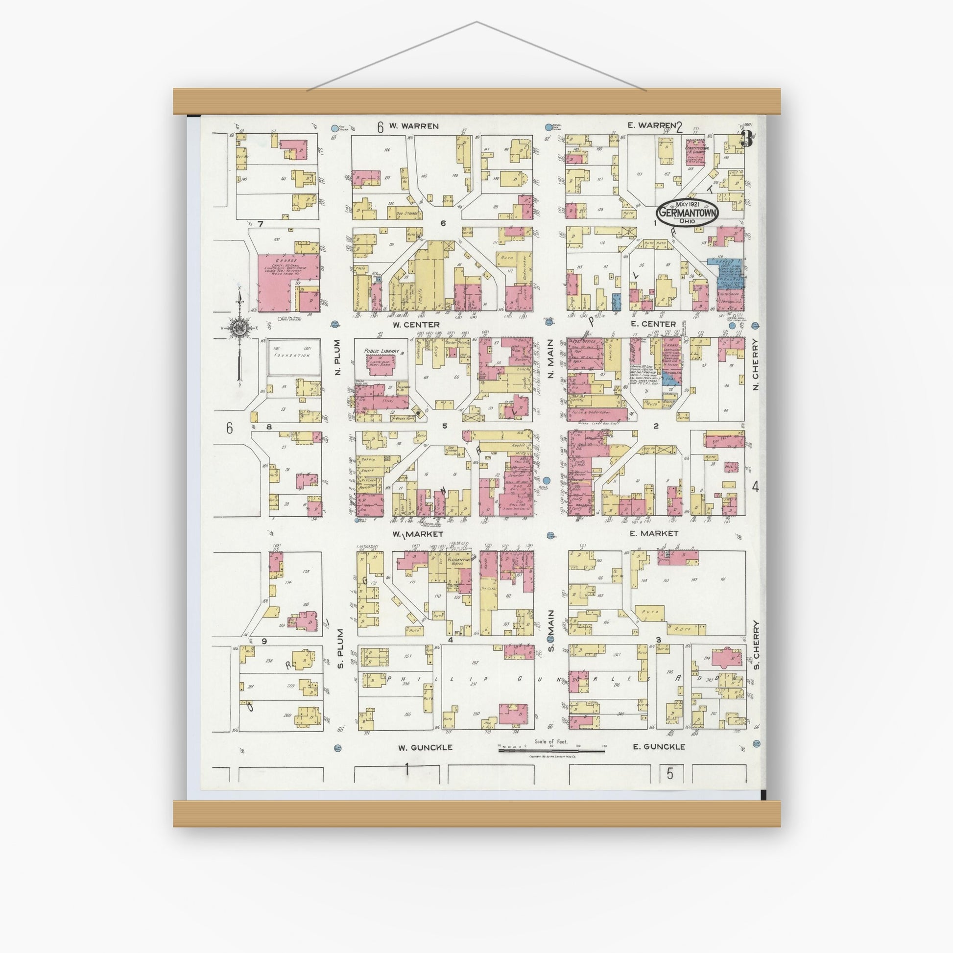Old map wall art mockup — magnetic wood frame on white wall — Sanborn Fire Insurance Map from Germantown, Montgomery County, Ohio (1921), Sheet #0003