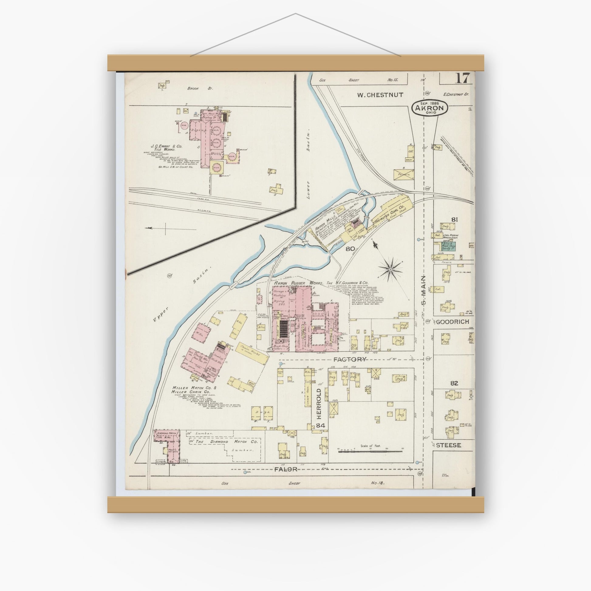 Old map wall art mockup — magnetic wood frame on white wall — Sanborn Fire Insurance Map from Akron, Summit County, Ohio (1886), Sheet #0017