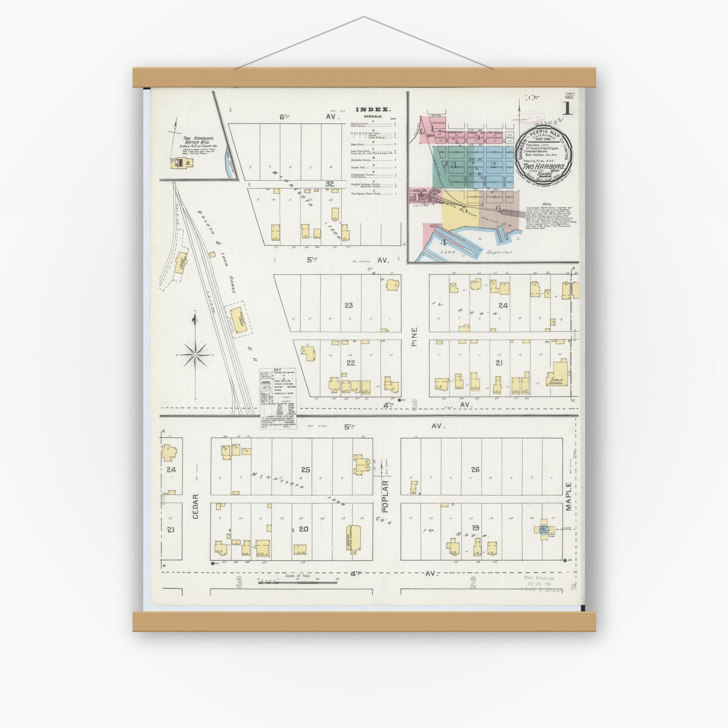 Old map wall art mockup — magnetic wood frame on white wall — Sanborn Fire Insurance Map from Two Harbors, Lake County, Minnesota (1892) - Complete Map Set