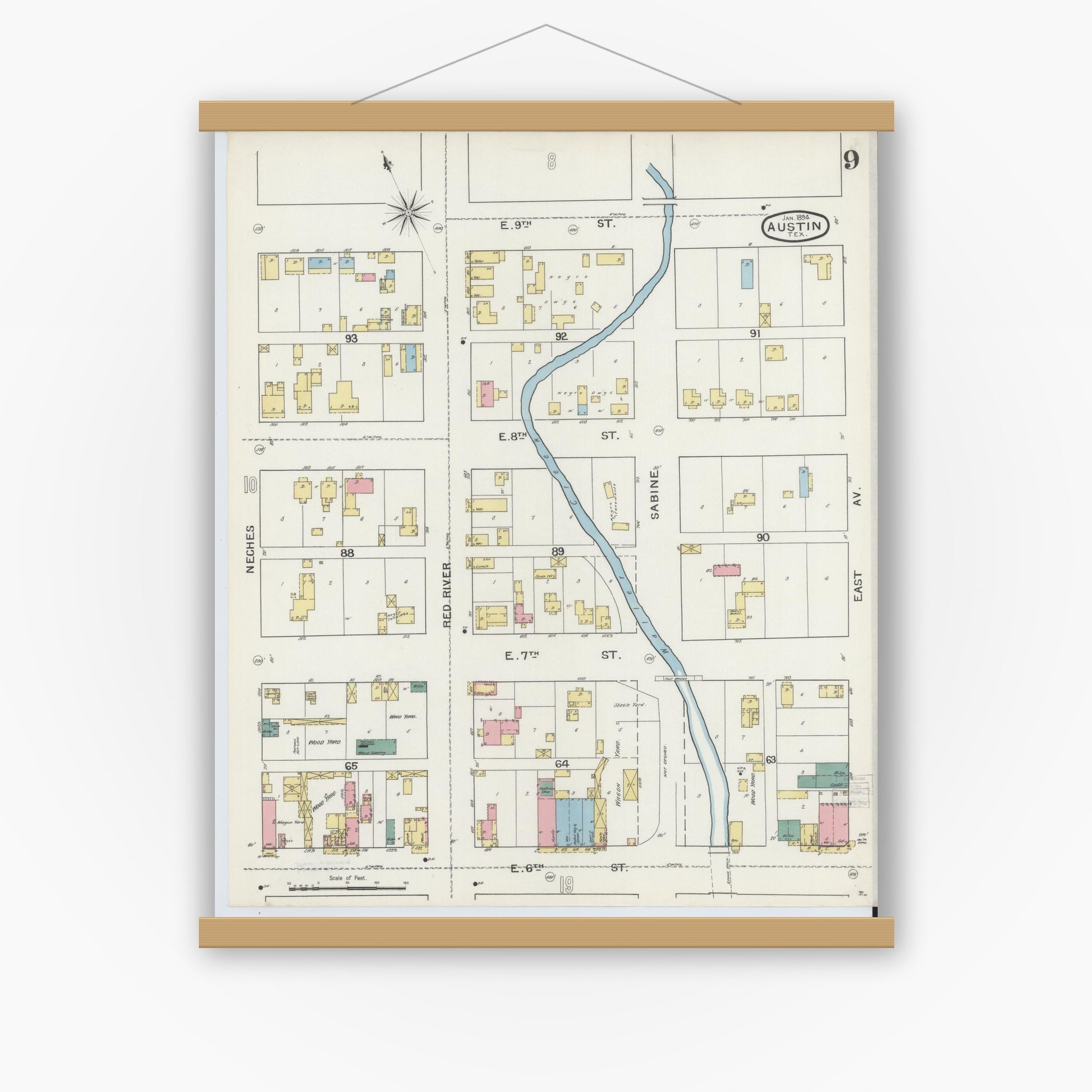 Old map wall art mockup — magnetic wood frame on white wall — Sanborn Fire Insurance Map from Austin, Travis County, Texas (1894), Sheet #0009