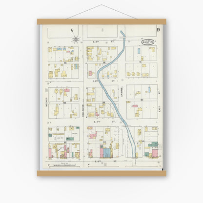 Old map wall art mockup — magnetic wood frame on white wall — Sanborn Fire Insurance Map from Austin, Travis County, Texas (1894), Sheet #0009