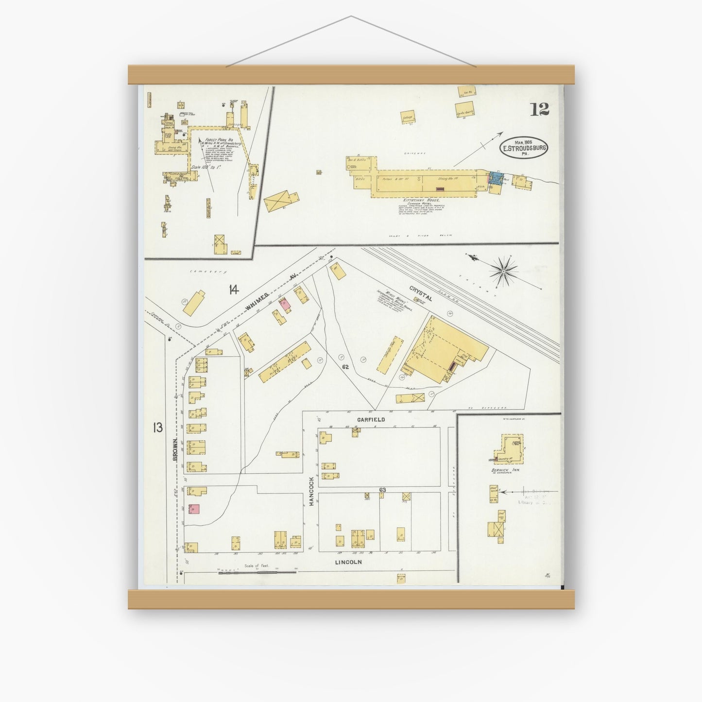 Old map wall art mockup — magnetic wood frame on white wall — Sanborn Fire Insurance Map from Stroudsburg, Monroe County, Pennsylvania (1905), Sheet #0012