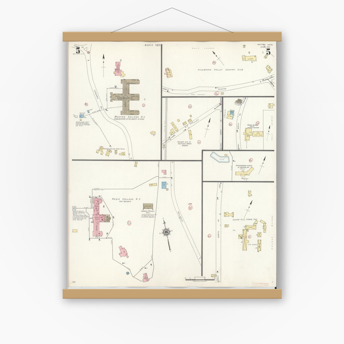 Old map wall art mockup — magnetic wood frame on white wall — Sanborn Fire Insurance Map from Weston, Middlesex County, Massachusetts (1941), Sheet #0005