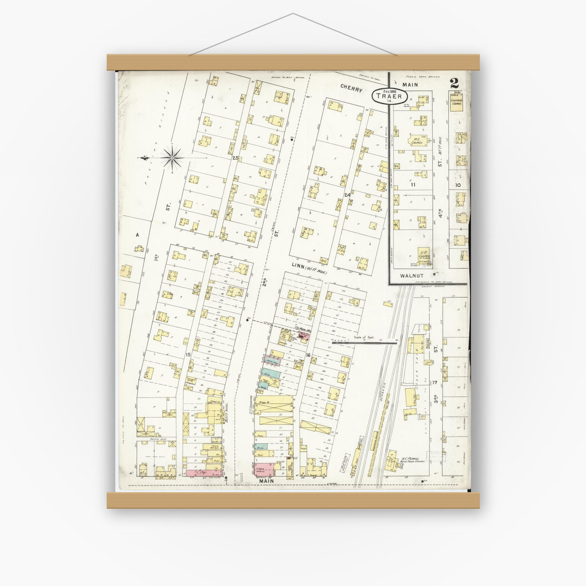 Old map wall art mockup — magnetic wood frame on white wall — Sanborn Fire Insurance Map from Traer, Tama County, Iowa (1895), Sheet #0002
