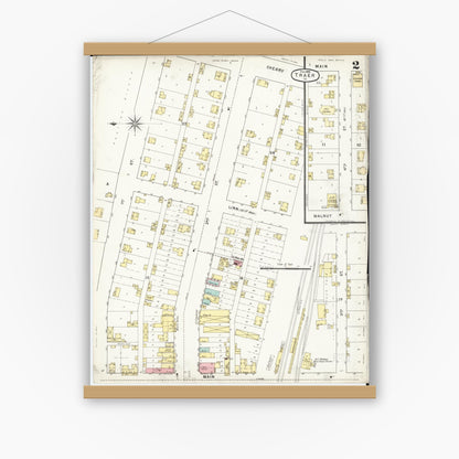 Old map wall art mockup — magnetic wood frame on white wall — Sanborn Fire Insurance Map from Traer, Tama County, Iowa (1895), Sheet #0002