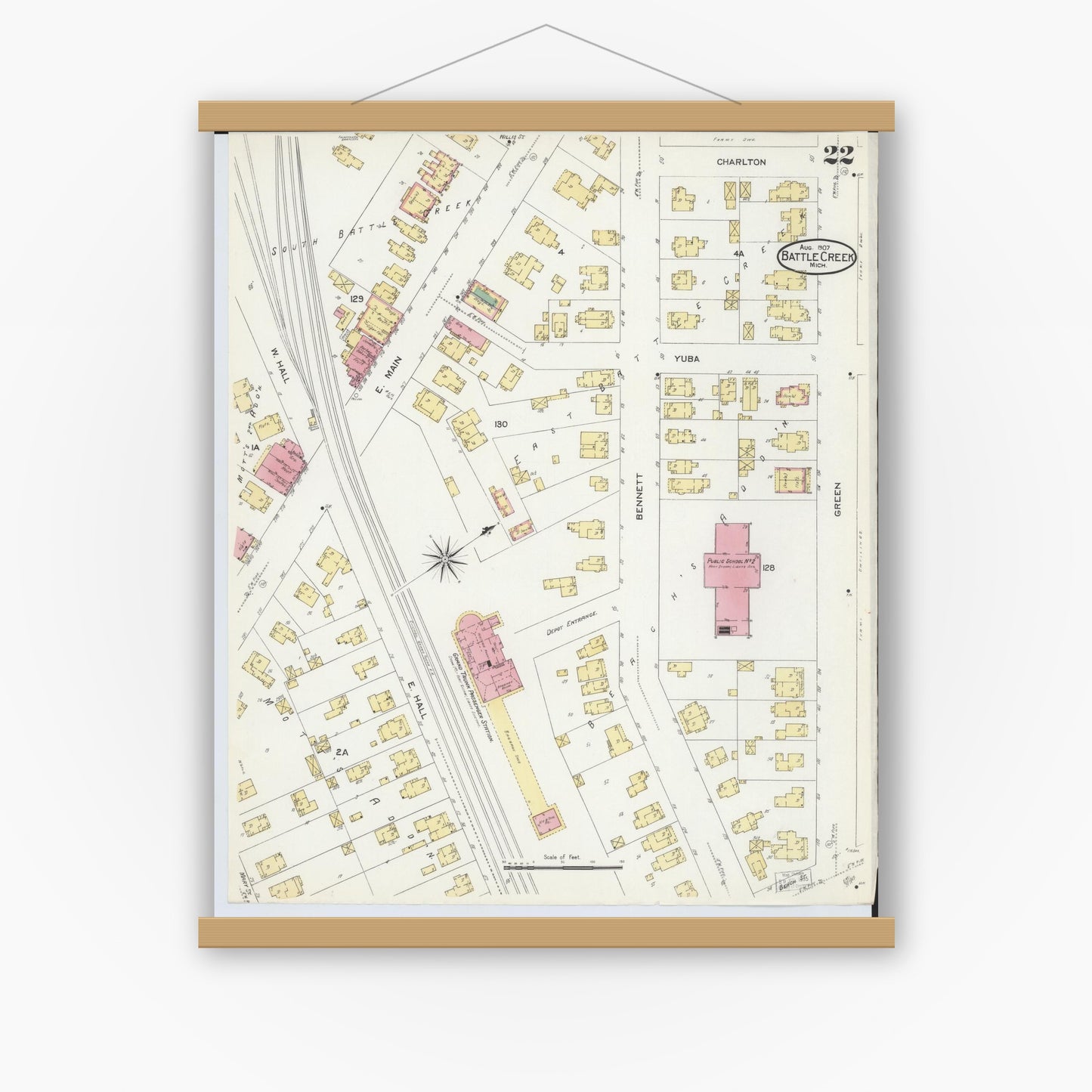 Old map wall art mockup — magnetic wood frame on white wall — Sanborn Fire Insurance Map from Battle Creek, Calhoun County, Michigan (1907), Sheet #0022