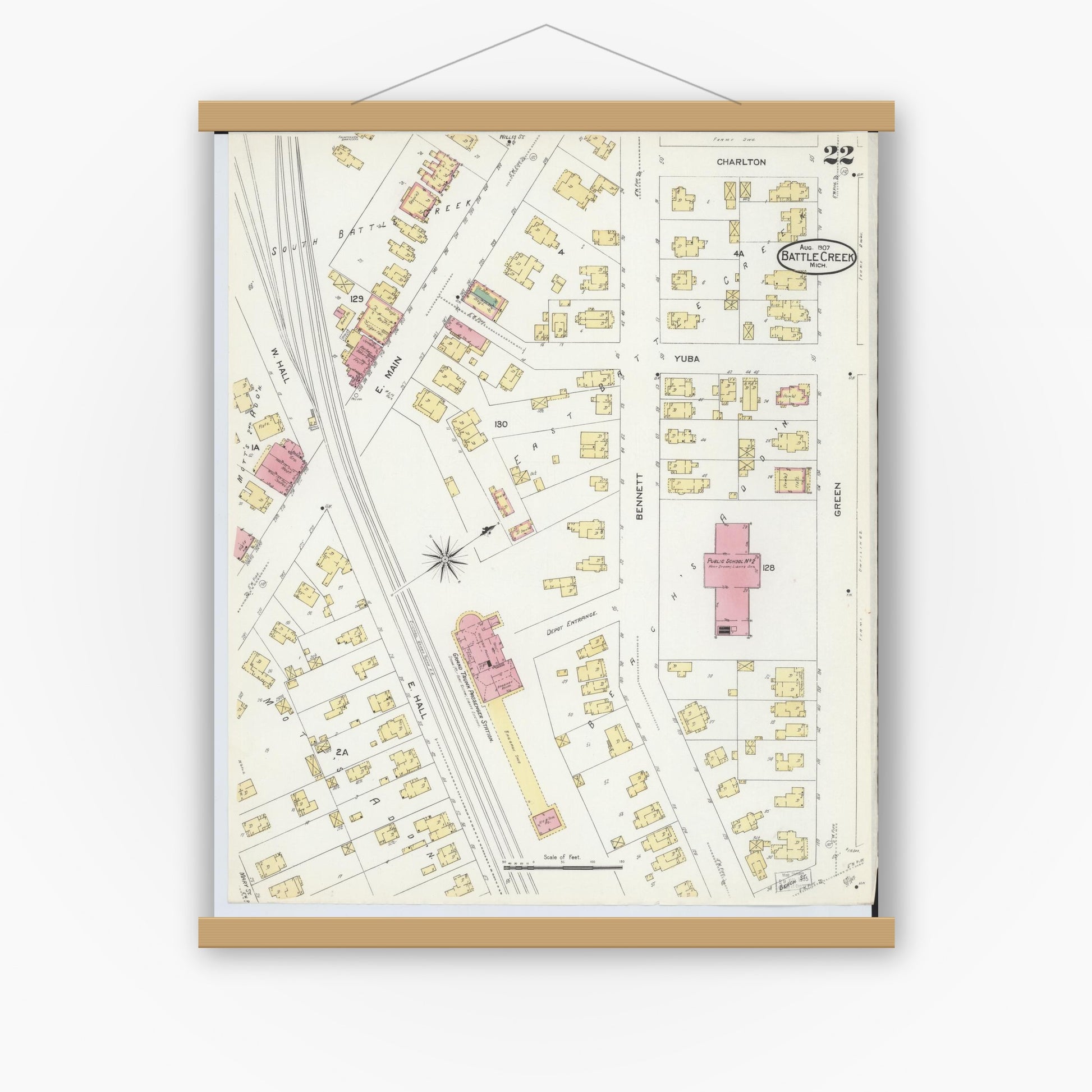 Old map wall art mockup — magnetic wood frame on white wall — Sanborn Fire Insurance Map from Battle Creek, Calhoun County, Michigan (1907), Sheet #0022