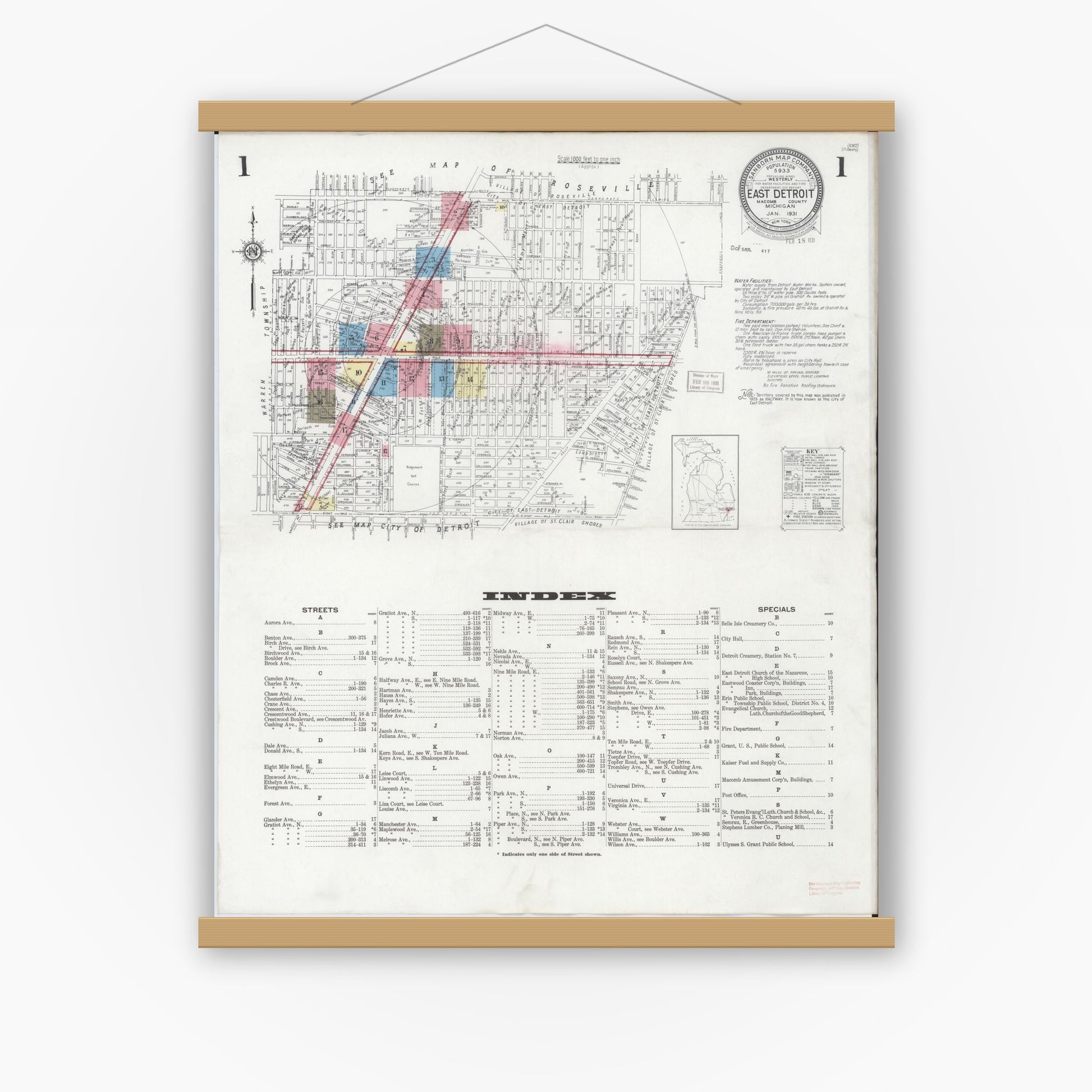 Old map wall art mockup — magnetic wood frame on white wall — Sanborn Fire Insurance Map from East Detroit, Macomb County, Michigan (1931), Sheet #0001