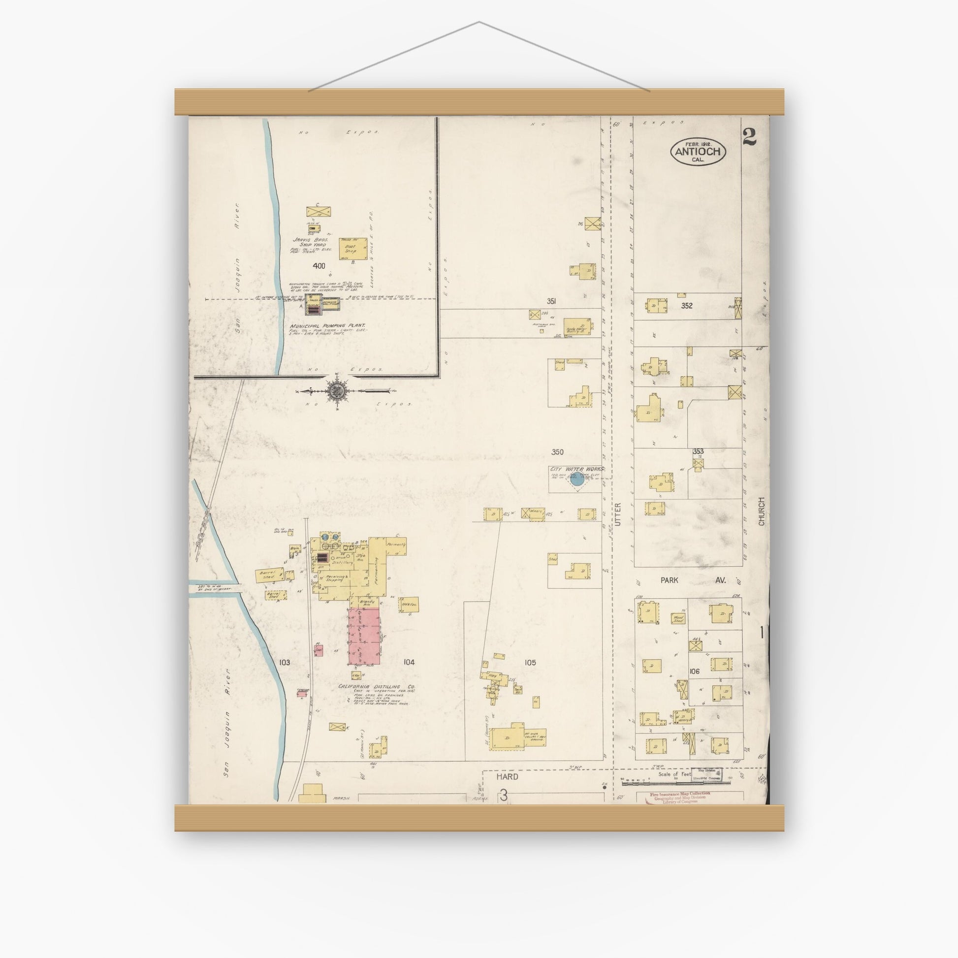Old map wall art mockup — magnetic wood frame on white wall — Sanborn Fire Insurance Map from Antioch, Contra Costa County, California (1912), Sheet #0002