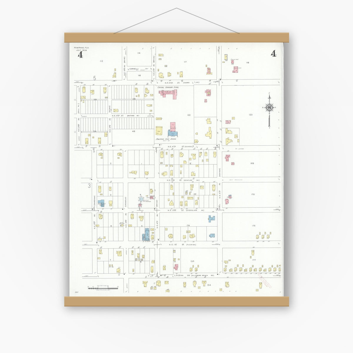 Old map wall art mockup — magnetic wood frame on white wall — Sanborn Fire Insurance Map from Pompano, Broward County, Florida (1939), Sheet #0004