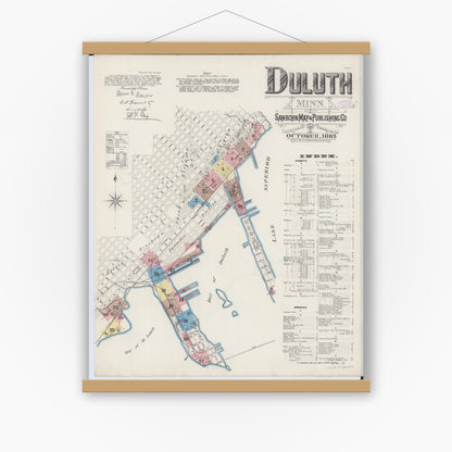 Old map wall art mockup — magnetic wood frame on white wall — Sanborn Fire Insurance Map from Duluth, Saint Louis County, Minnesota (1885), Sheet #0001