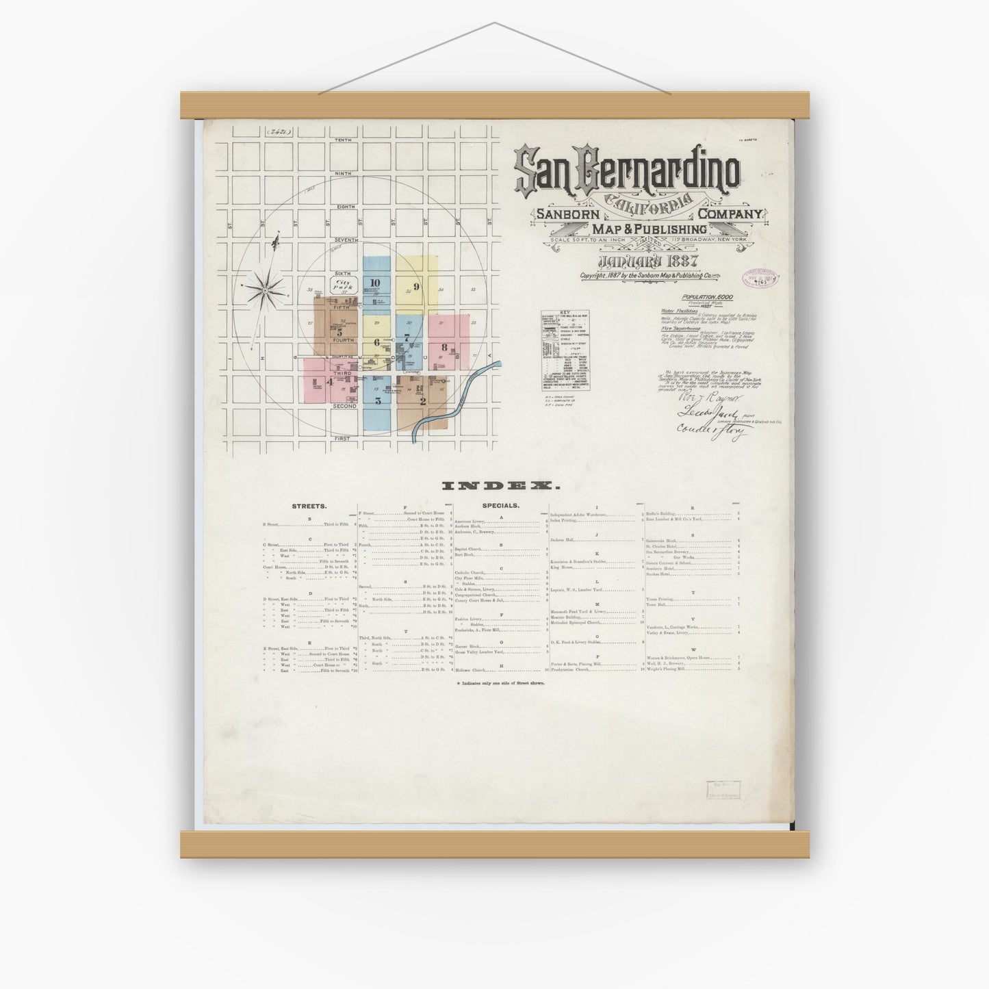 Old map wall art mockup — magnetic wood frame on white wall — Sanborn Fire Insurance Map from San Bernardino, San Bernardino County, California (1887) - Complete Map Set