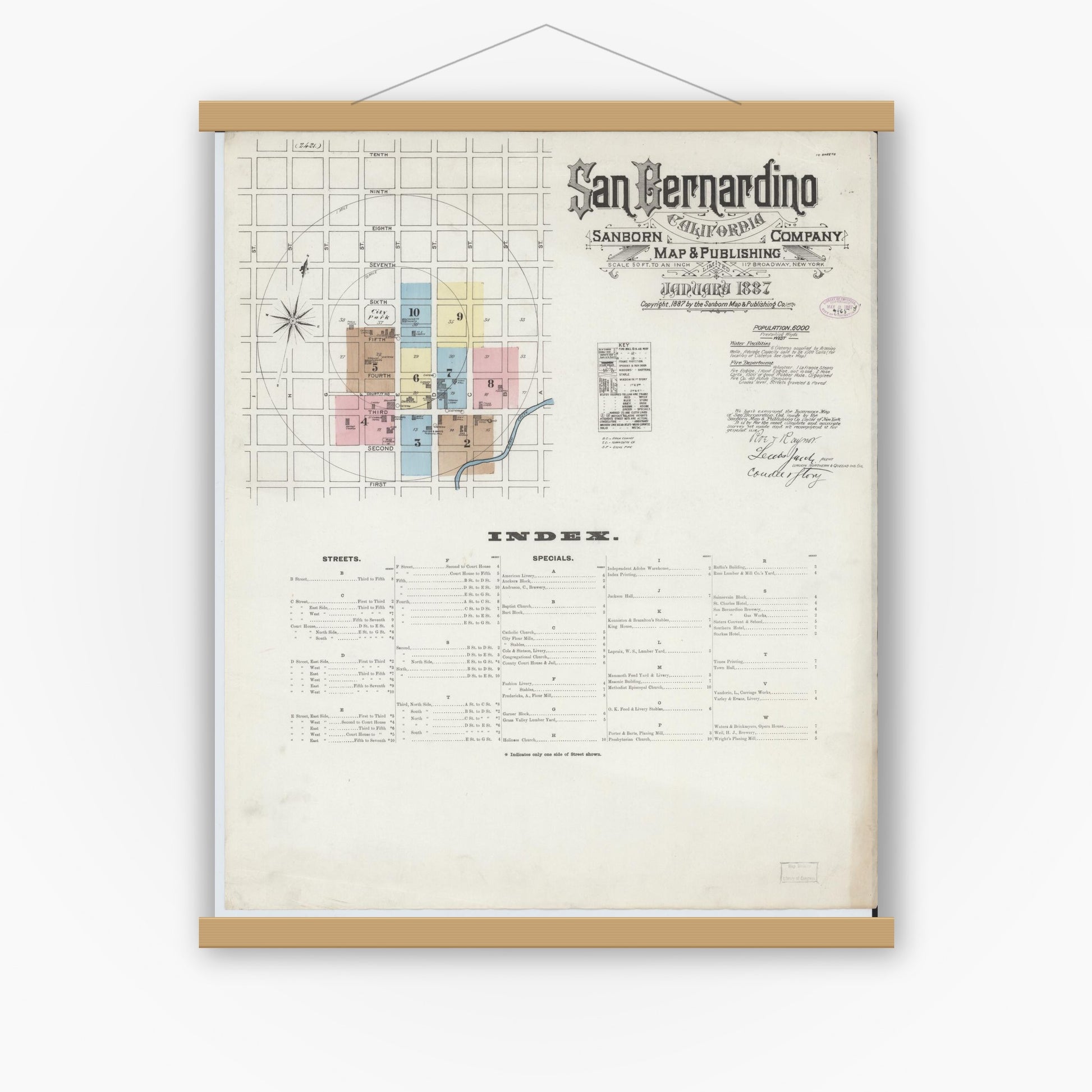 Old map wall art mockup — magnetic wood frame on white wall — Sanborn Fire Insurance Map from San Bernardino, San Bernardino County, California (1887) - Complete Map Set