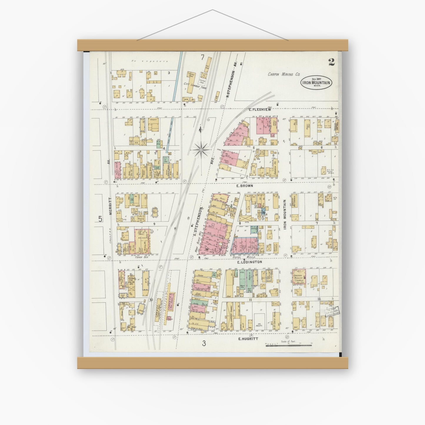 Old map wall art mockup — magnetic wood frame on white wall — Sanborn Fire Insurance Map from Iron Mountain, Dickinson County, Michigan (1897), Sheet #0002