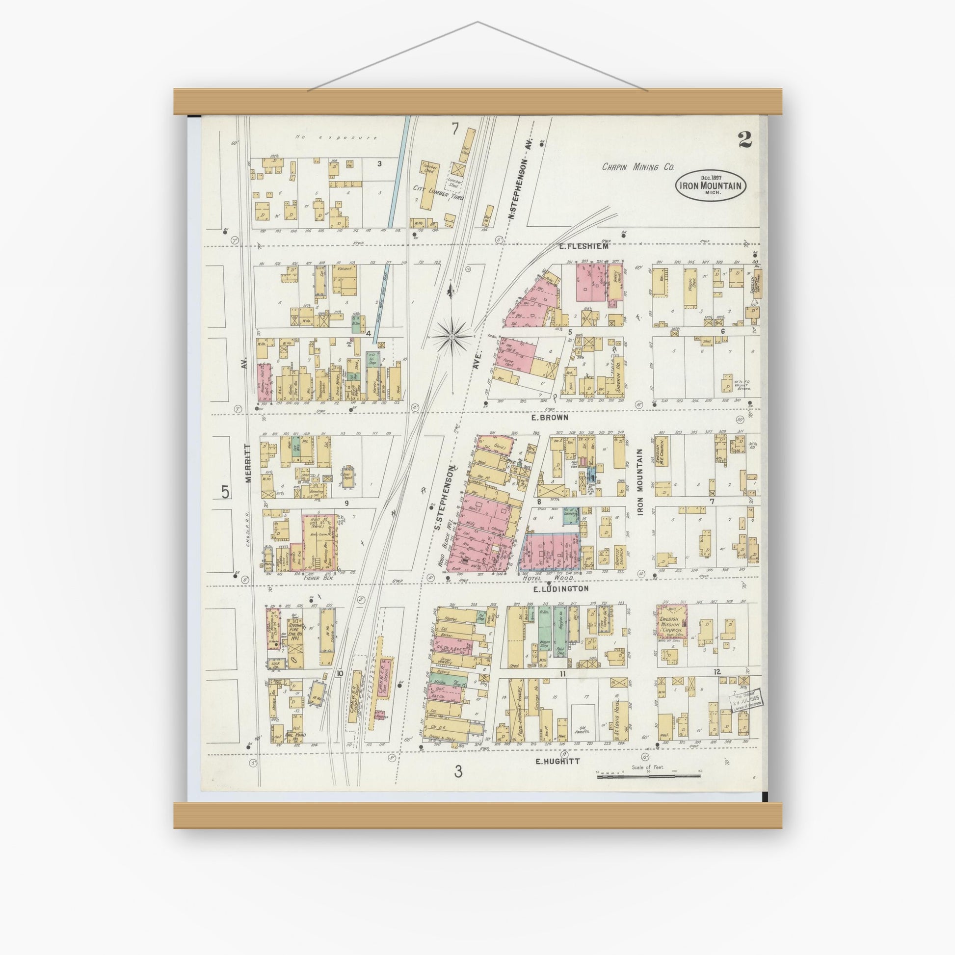 Old map wall art mockup — magnetic wood frame on white wall — Sanborn Fire Insurance Map from Iron Mountain, Dickinson County, Michigan (1897), Sheet #0002