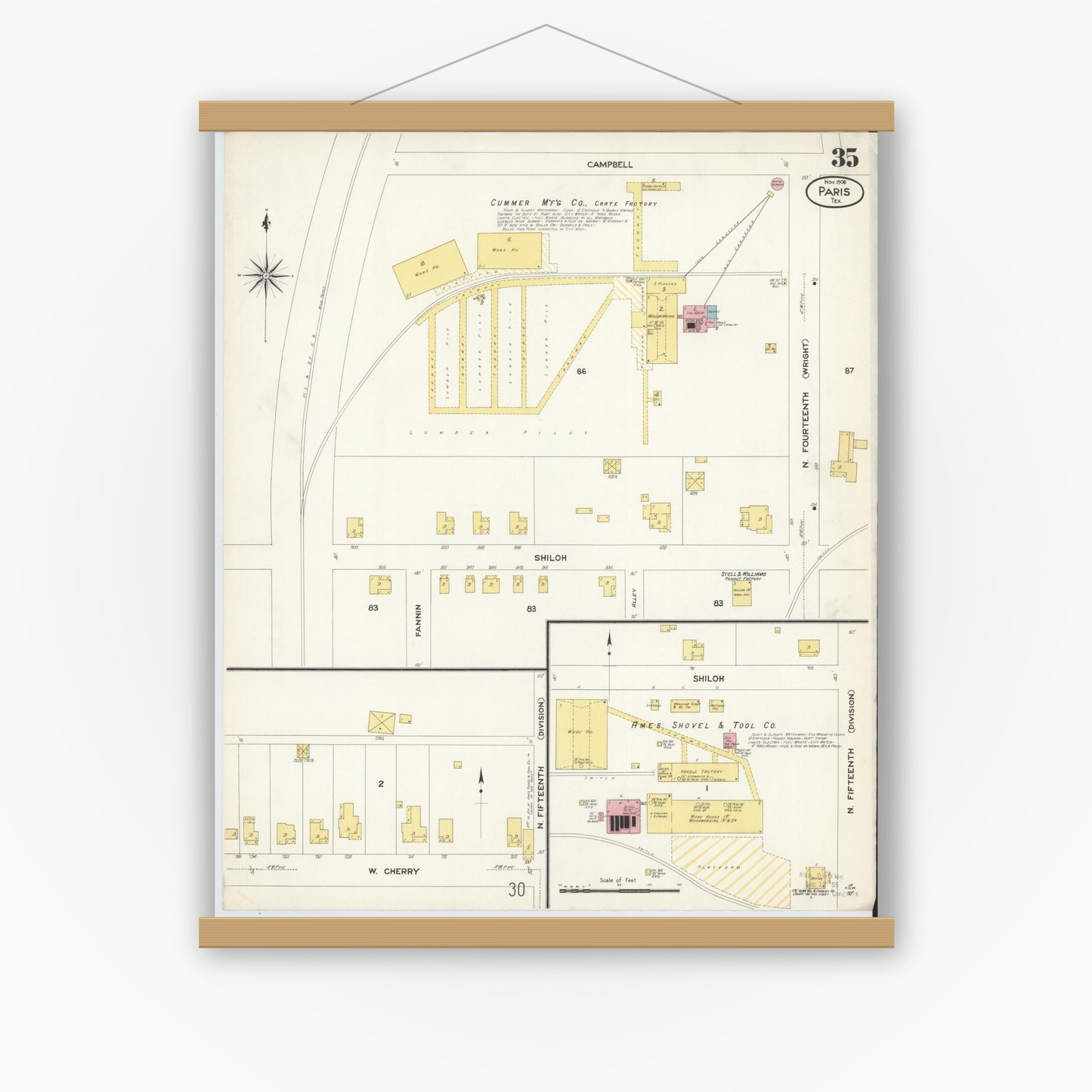 Old map wall art mockup — magnetic wood frame on white wall — Sanborn Fire Insurance Map from Paris, Lamar County, Texas (1908), Sheet #0035
