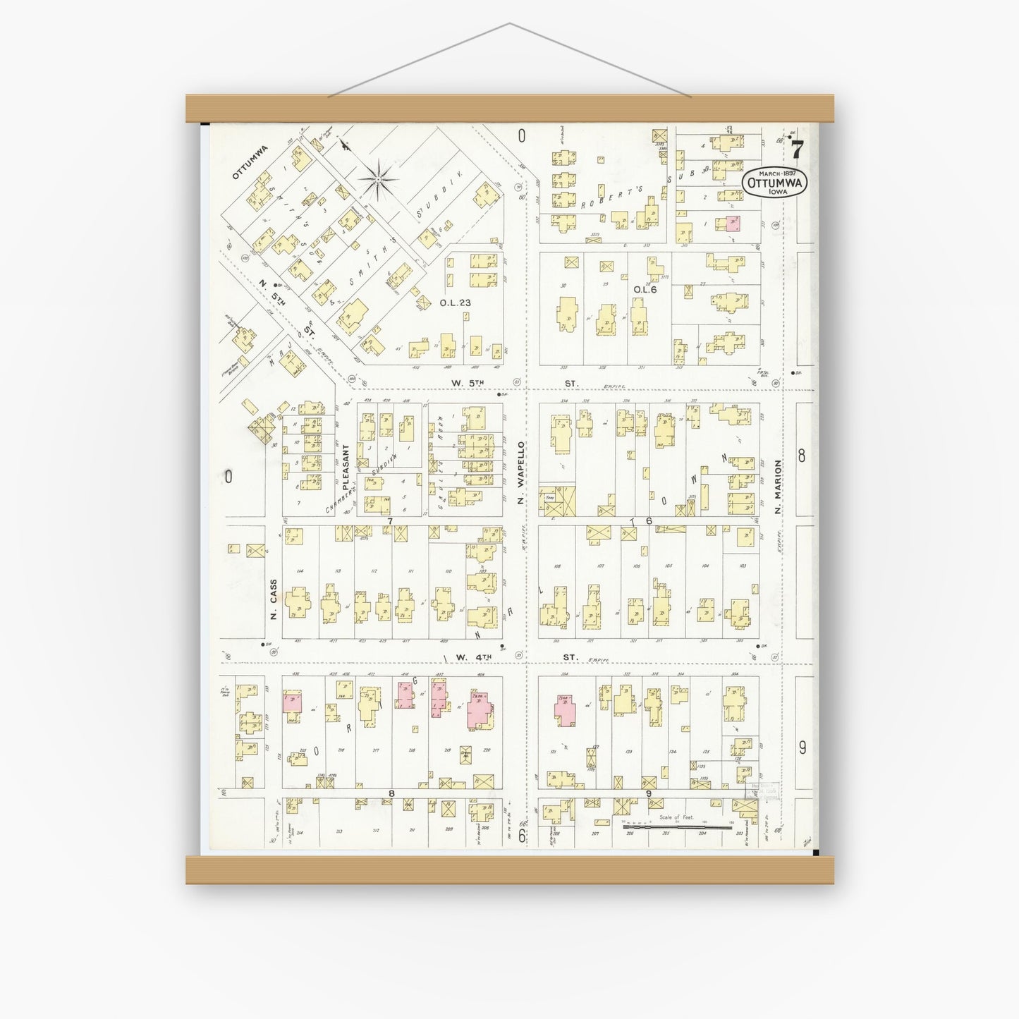 Old map wall art mockup — magnetic wood frame on white wall — Sanborn Fire Insurance Map from Ottumwa, Wapello County, Iowa (1897), Sheet #0007