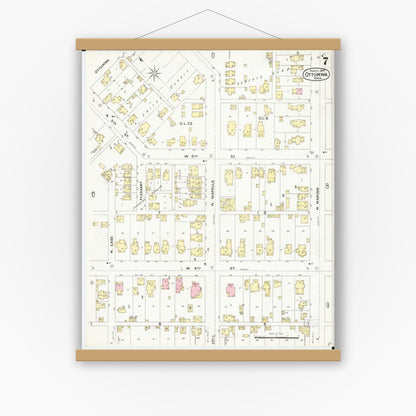 Old map wall art mockup — magnetic wood frame on white wall — Sanborn Fire Insurance Map from Ottumwa, Wapello County, Iowa (1897), Sheet #0007