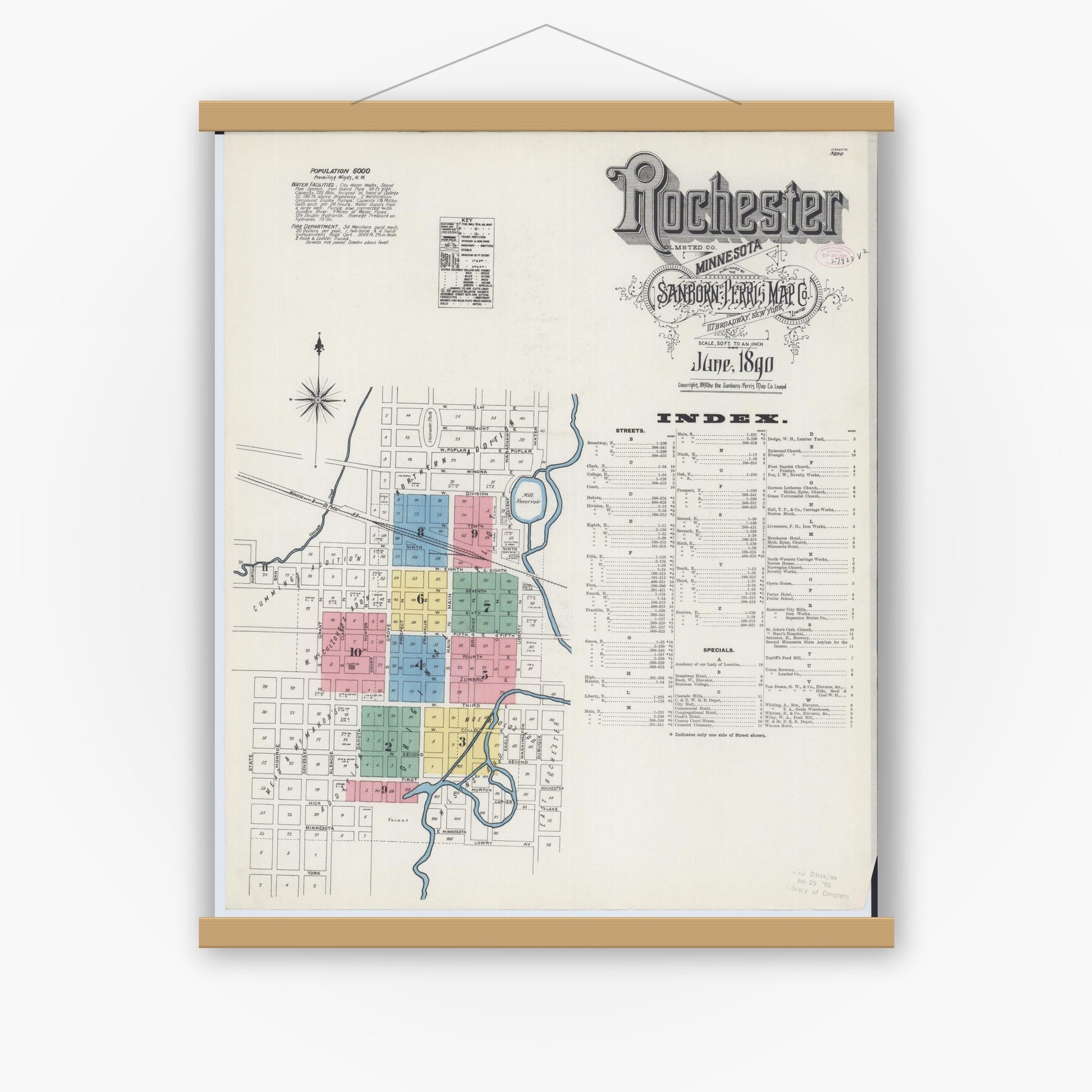 Old map wall art mockup — magnetic wood frame on white wall — Sanborn Fire Insurance Map from Rochester, Olmsted County, Minnesota (1890), Sheet #0001