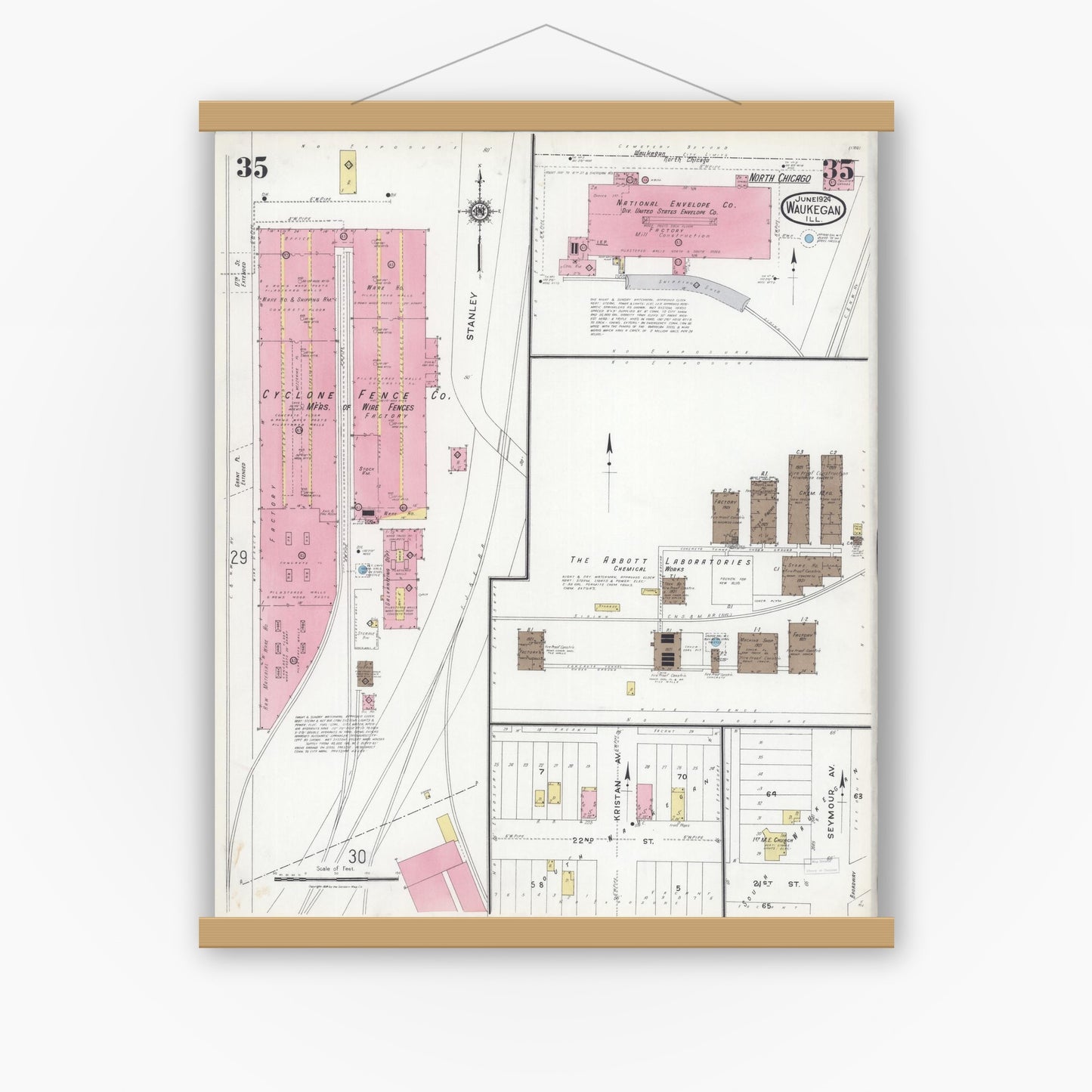 Old map wall art mockup — magnetic wood frame on white wall — Sanborn Fire Insurance Map from Waukegan, Lake County, Illinois (1924), Sheet #0035