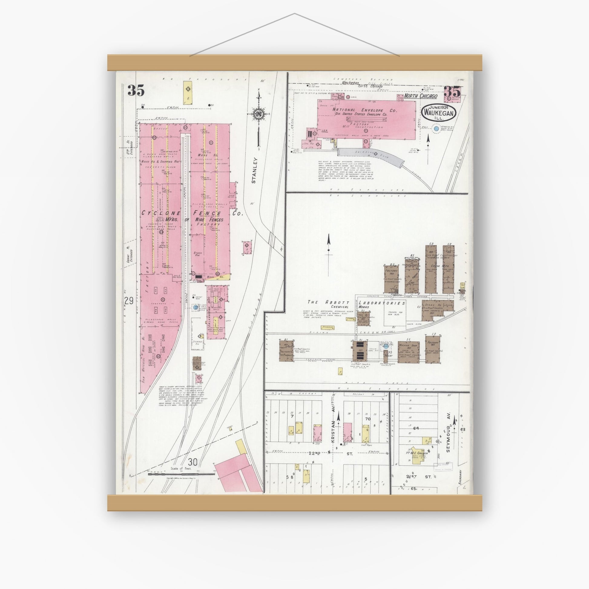 Old map wall art mockup — magnetic wood frame on white wall — Sanborn Fire Insurance Map from Waukegan, Lake County, Illinois (1924), Sheet #0035