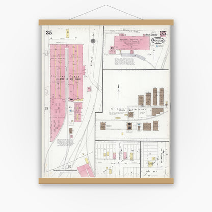 Old map wall art mockup — magnetic wood frame on white wall — Sanborn Fire Insurance Map from Waukegan, Lake County, Illinois (1924), Sheet #0035