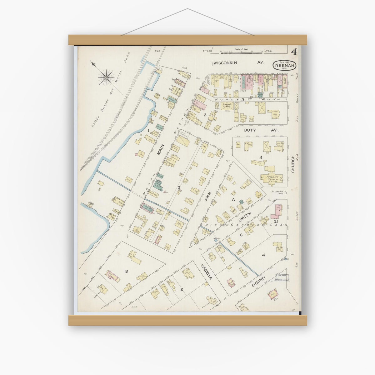 Old map wall art mockup — magnetic wood frame on white wall — Sanborn Fire Insurance Map from Neenah, Winnebago County, Wisconsin (1887), Sheet #0004
