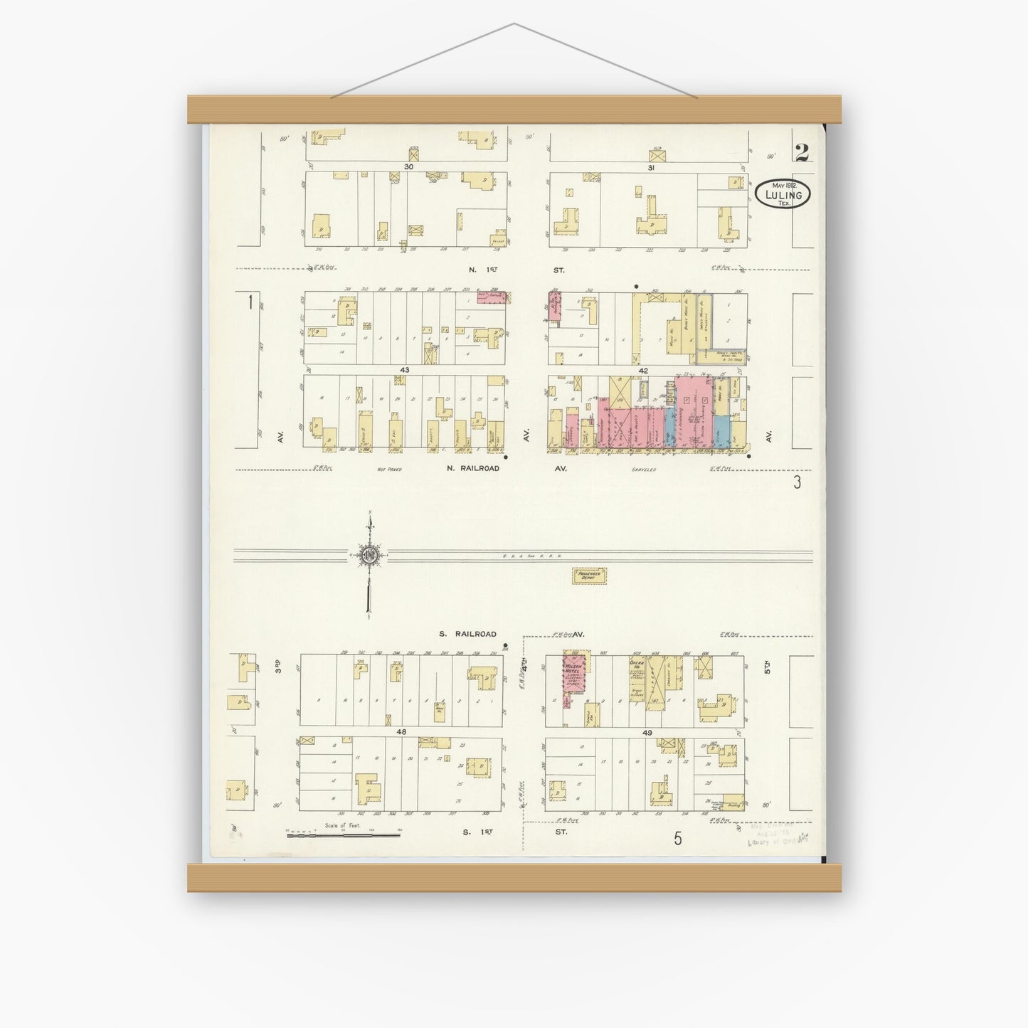 Old map wall art mockup — magnetic wood frame on white wall — Sanborn Fire Insurance Map from Luling, Caldwell County, Texas (1912), Sheet #0002