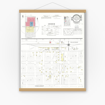 Old map wall art mockup — magnetic wood frame on white wall — Sanborn Fire Insurance Map from Buffalo Center, Winnebago County, Iowa (1942) â€” Complete Set