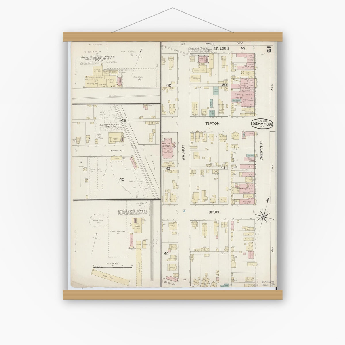 Old map wall art mockup — magnetic wood frame on white wall — Sanborn Fire Insurance Map from Seymour, Jackson County, Indiana (1887), Sheet #0005