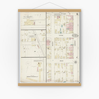 Old map wall art mockup — magnetic wood frame on white wall — Sanborn Fire Insurance Map from Seymour, Jackson County, Indiana (1887), Sheet #0005