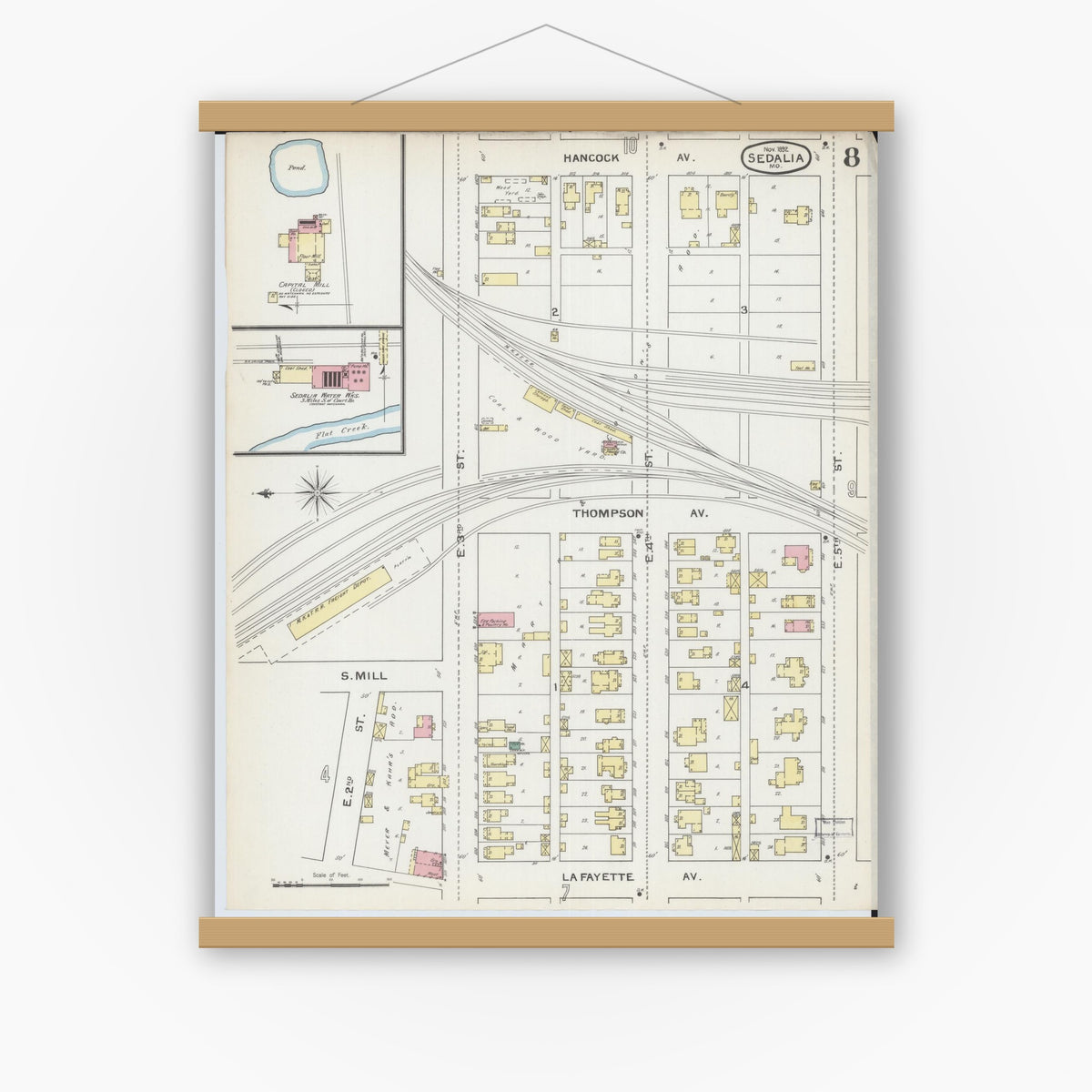 Old map wall art mockup — magnetic wood frame on white wall — Sanborn Fire Insurance Map from Sedalia, Pettis County, Missouri (1892), Sheet #0008