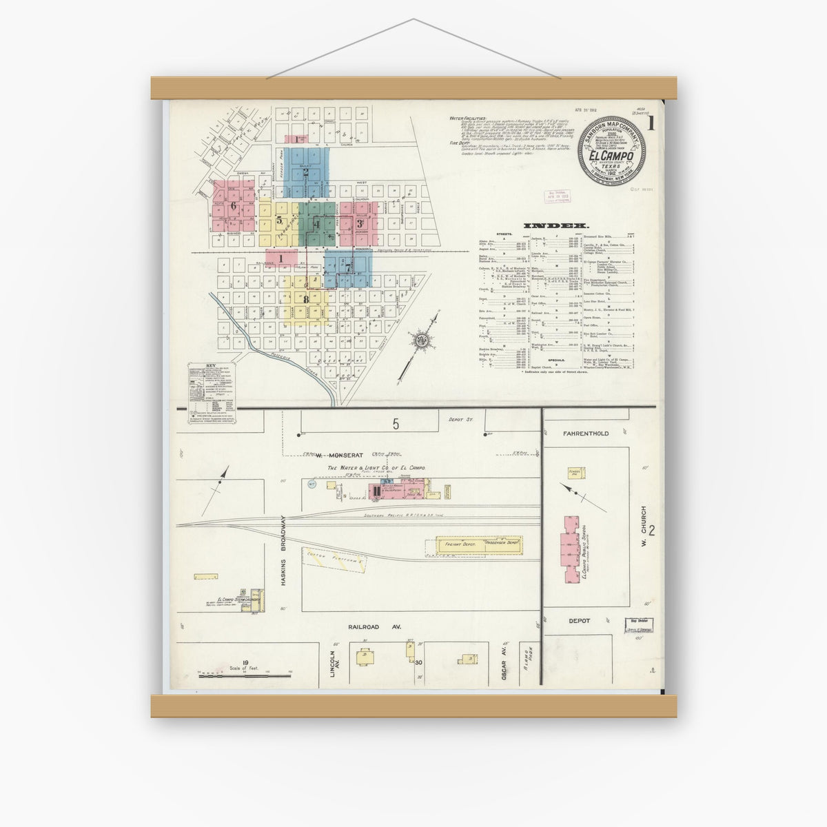 Old map wall art mockup — magnetic wood frame on white wall — Sanborn Fire Insurance Map from El Campo, Wharton County, Texas (1912), Sheet #0001