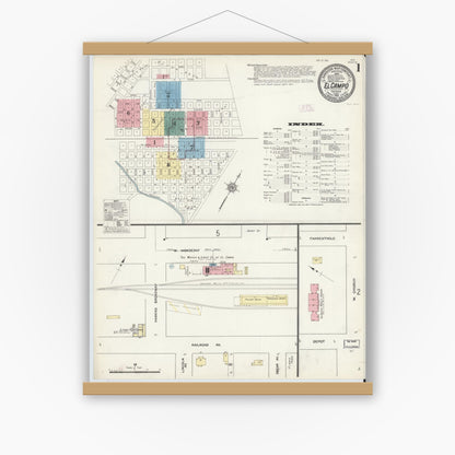 Old map wall art mockup — magnetic wood frame on white wall — Sanborn Fire Insurance Map from El Campo, Wharton County, Texas (1912), Sheet #0001
